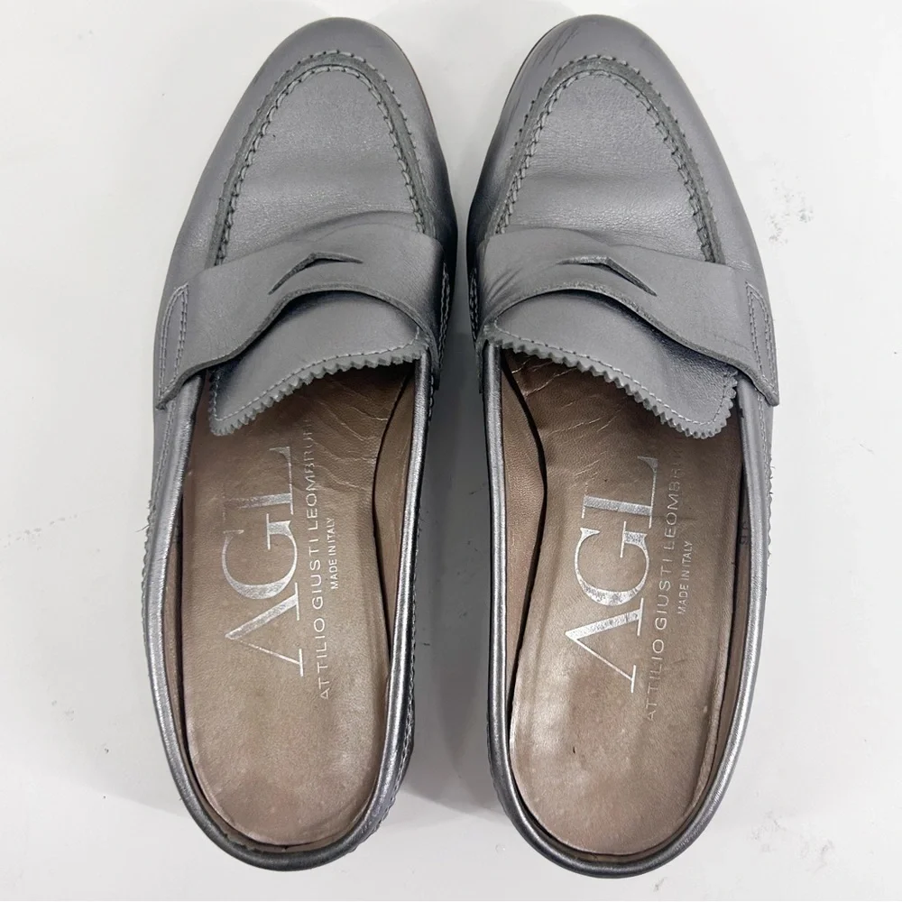 AGL Attilio Giusti Leombruni Silver Metallic Leather Slip On Loafers Size 6